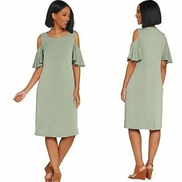 Belle Kim Gravel Dress Womens Size 1X Moss Green Flirt Sleeve Cold Shoulder - Picture 1 of 13
